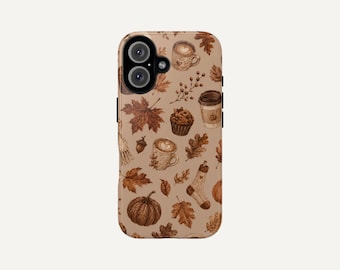 Étui de téléphone saisonnier à motif de feuilles d'automne et de citrouilles, style latte, pour café.
