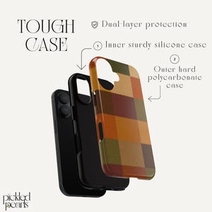 Peut inclure: Une coque de t&eacute;l&eacute;phone &agrave; double couche avec une couche int&eacute;rieure en silicone noir et une coque ext&eacute;rieure rigide en polycarbonate &agrave; motif &eacute;cossais marron, orange et vert olive. Des &eacute;tiquettes indiquent la protection et les composants.