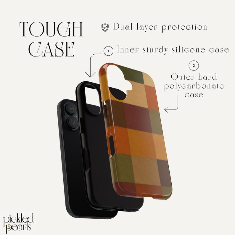 Peut inclure: Une coque de t&eacute;l&eacute;phone &agrave; double couche avec une couche int&eacute;rieure en silicone noir et une coque ext&eacute;rieure rigide en polycarbonate &agrave; motif &eacute;cossais marron, orange et vert olive. Des &eacute;tiquettes indiquent la protection et les composants.