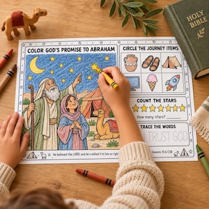 May include: A coloring activity sheet titled Color God's Promise to Abraham featuring a biblical illustration of two figures, a tent, and a camel under a starry sky, with sections for circling items, counting stars, and tracing the words I Trust God.