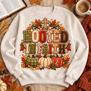 Könnte beinhalten: Ein beigefarbenes Sweatshirt mit Rundhalsausschnitt und einem Grafikdruck mit dem Text ROOTED IN FAITH. Das Design zeigt ein Kreuz, Herbstblätter, Eicheln und drei Kürbisse in Grün, Weiß und Orange, alles in einer texturierten Steppoptik.