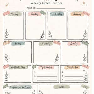 May include: A weekly planner page titled Rooted in Grace with sections for each day of the week, This Week's Prayer, Top Priorities, Grateful For, Scripture for the Week, and Notes. The design features pastel brush strokes, leaf illustrations, and washi tape accents.