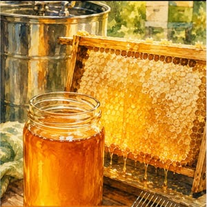 Puede incluir: Una portada de libro Honey Harvest & Extraction Log con una ilustración en acuarela de un frasco de vidrio lleno de miel dorada, un marco de madera con panal goteando miel, un extractor de metal y un tenedor para desopercular.