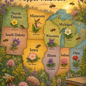 Puede incluir: Un mapa titulado Nectar & Pollen Flow Upper Midwest que muestra Dakota del Norte, Minnesota, Michigan, Dakota del Sur, Iowa, Wisconsin, Illinois, Indiana y Ohio. El mapa incluye flores, abejas y una colmena de madera en la parte inferior.