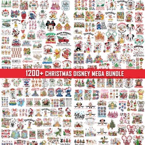 May include: A digital collection of over 1200 Christmas-themed Disney graphic designs featuring characters like Mickey Mouse, Minnie Mouse, Stitch, and Winnie the Pooh, with the text 1200+ CHRISTMAS DISNEY MEGA BUNDLE displayed in red.