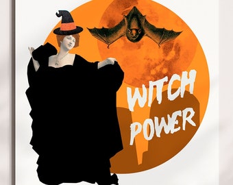 Halloween Witch Power poster, Full Moon wall art, vintage Bat vampire decor, Halloween decoration, Witch hanging artwork