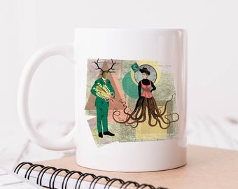Mug rendez-vous retro futurism art - date love valentine couple bird deer octopus woman