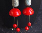 Red Grey earrings Glossy flower with stamen Long ceramic tube dangle Spring colorful Jewelry