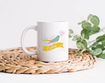 Cute singing bird mug, Spring shabby chic cottage animal coffee tea cup