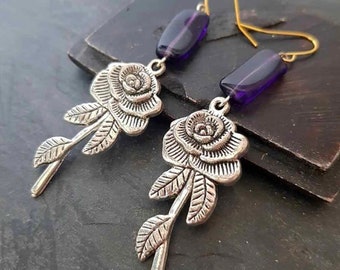 Rockabilly Rebel Silver Purple Rose Earrings - Biker Chic Jewelry