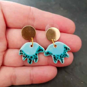 Teal Hand earrings, Blue Gold stud, Artisan Ceramic dangle, One of a kind, Body part women, Hands pair earrings image 1