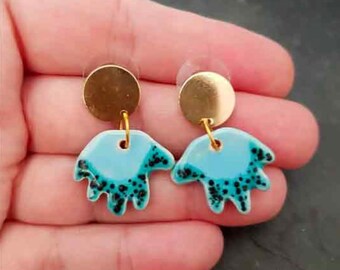Teal Hand earrings, Blue Gold stud, Artisan Ceramic dangle, One of a kind, Body part women, Hands pair earrings