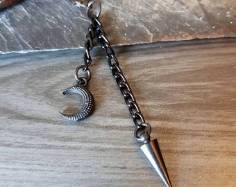 Black Moon earring, Double Chain dangle, Black Metal earring, Crescent Moon, Matte Spike, Celestial Man jewelry