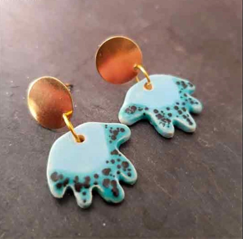 Teal Hand earrings, Blue Gold stud, Artisan Ceramic dangle, One of a kind, Body part women, Hands pair earrings image 3