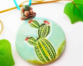 Cactus necklace, Cactus plant gift, Large medallion, Green pendant choker