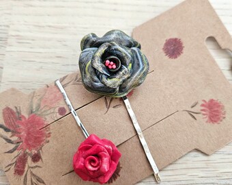 2 Hair grips, Flower hair pins, Clay headpieces, 3d Petal Flowers, Romantic Bridal, Nature, Garden, Botanical