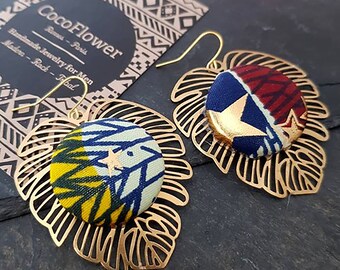 Gold Monstera earrings, Leaf Dangle, Africa Wax Fabric Jewelry, Foliage Plant earring, Tropical gift, Monstera Deliciosa