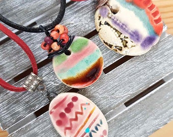 Bohemian necklace, Boho women's jewelry, brutalist colorful medallion, artisan ceramic jewellery