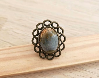 Picture Jasper Stone ring, Statement Brown Jewelry, Everyday Boho Adjustable ring, Brown stone gifts woman