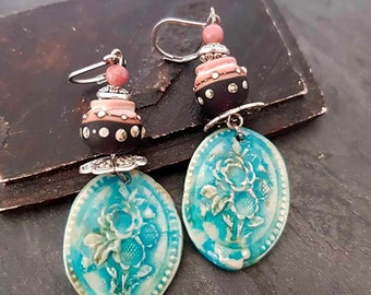 Romantic Blue Floral Cameo Earrings - Shabby Chic Vintage Boho Jewelry