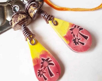 Palm Tree earrings, Orange Yellow Sunny dangle, Tropical earring, Aesthetic Beach Vacation, Summer Jewelry