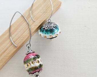 Handmade Mismatched Earrings Raspberry Teal Ceramic Beads, Unique Statement Jewelry