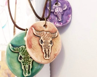 Boho Cow Skull Medallion Necklace - Southwest Charm