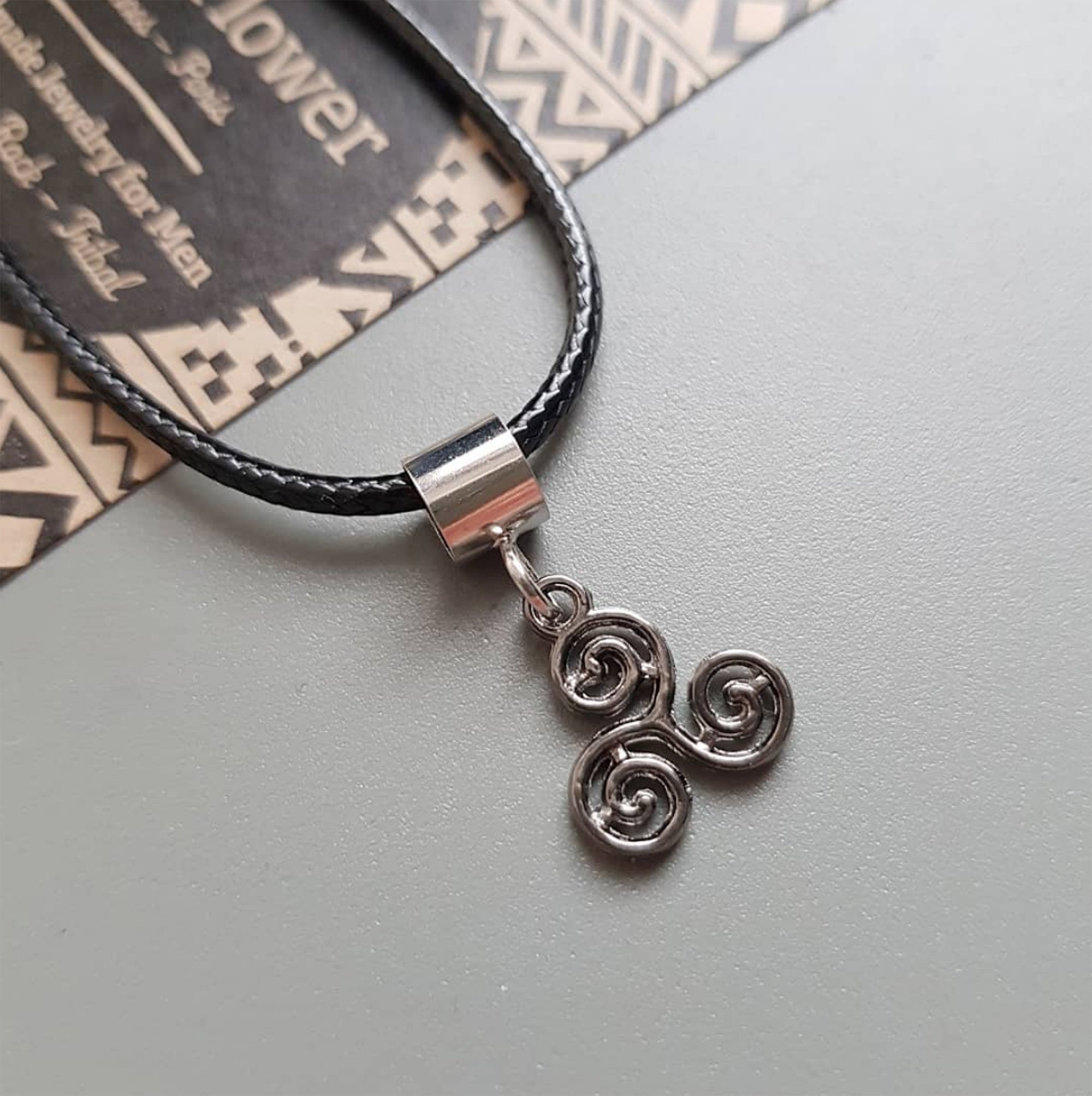 silver triskele pendant Triskelion Triskel choker Celtic Triskele necklace triple spiral leather celtic necklace celtic jewelry