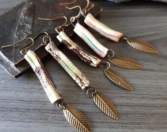 BOHO Ceramic tube earring, Primitive single dangle, Bronze Feather earrings, Brass ear wire, Man Men Male jewelry