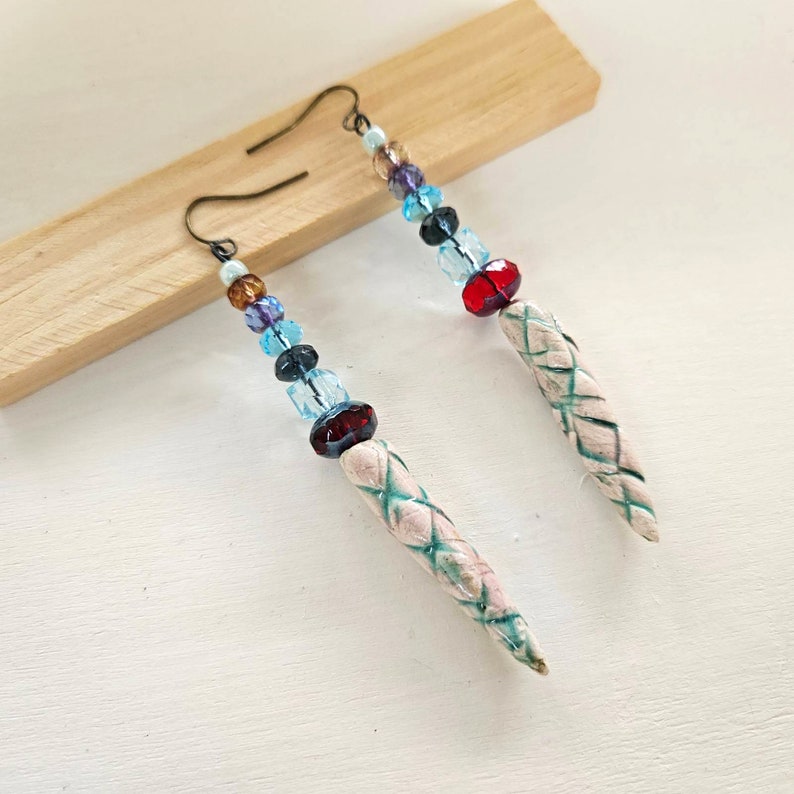 Bohemian Ethnic Long Earrings: Czech Beads, Artisanal Ceramic Spikes image 4