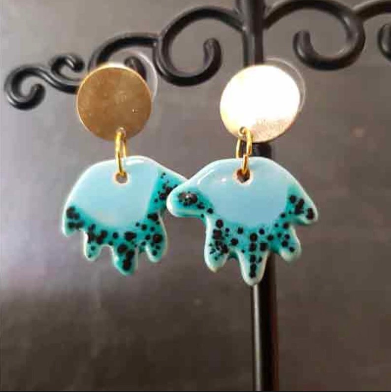 Teal Hand earrings, Blue Gold stud, Artisan Ceramic dangle, One of a kind, Body part women, Hands pair earrings image 4