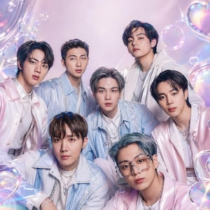 May include: Seven individuals posing together, wearing coordinated light blue and pale pink jackets with metallic accents. The group is surrounded by floating, iridescent bubbles, heart-shaped outlines, and star shapes against a soft purple background.