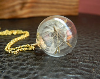 Real Dandelion Necklace.Blown Glass Orb Bead with 18K Gold Filled Chain