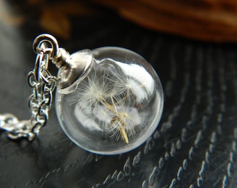 Dainty and Cute Real Dandelion Seeds Necklace. Make A Wish. Blown Glass Bead. Orb.  Transparent Round. Flower. Dandelion Seed. Silver