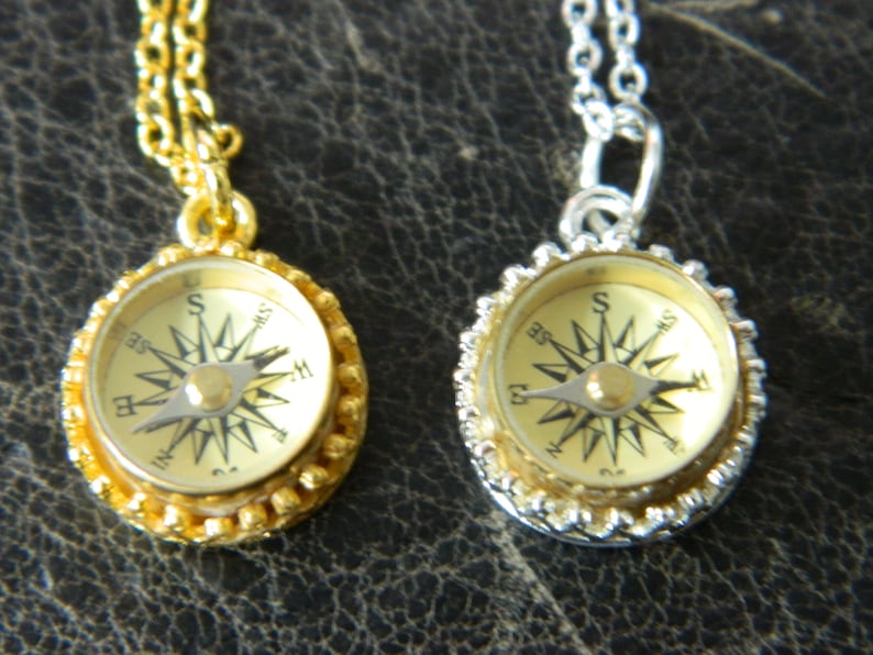 Cute Little Compass Necklace.Mini Working Brass Compass.Silver Plated.18K Gold Plated.