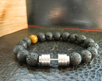 Dumbbell Bracelet.10mm Natural Lava Rock beaded bracelet.Fitness.Determination.Sport.Motivation bracelet.UNISEX