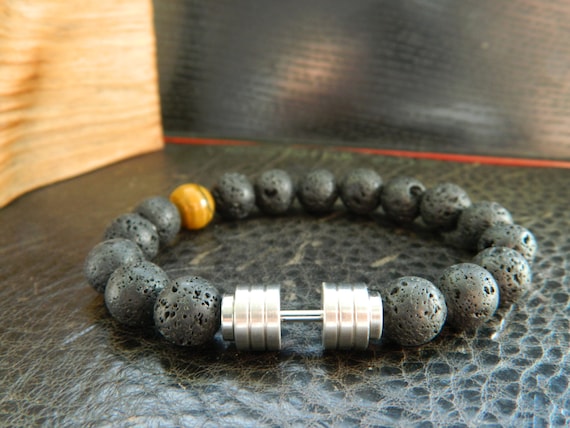 Dumbbell Bracelet.10mm Natural Lava Rock Beaded Bracelet.fitness.determination.sport.motivation  Bracelet.unisex 