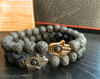 Pulsera de cuentas de Lava negra natural Hamsa. Chakra.Yoga.Meditation