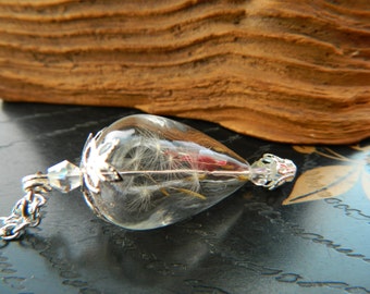 Real Dandelion Seeds Hot Air Balloon Inspired Necklace.Teardrop.Glass.Handmade.Gift.Handmade