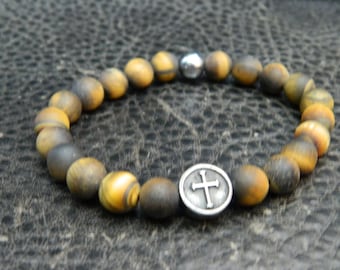 Natural Matte Tiger Eye Cross Beaded Bracelet. Yoga.Meditation.Unisex.Stainless steel Cross Bracelet.