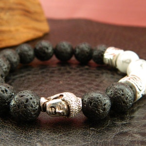 Mens Natural 10mm Black Lava White Turquoise Beaded Buddha Bracelet.Chakra.Yoga.Meditaiton.Gift