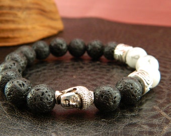 Mens Natural 10mm Black Lava White Turquoise Beaded Buddha Bracelet.Chakra.Yoga.Meditaiton.Gift