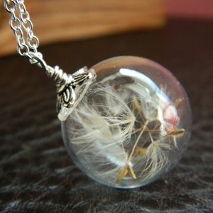 925 sterlingzilveren ketting met echt paardebloemzaad. Doe een wens. Geblazen glaskraal. Lichtbol  Transparant rond.