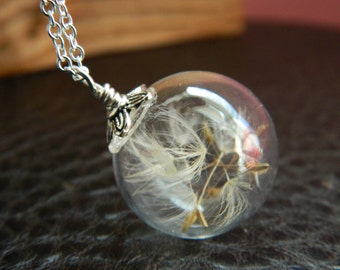 925 Sterling Silver Real Dandelion Seed Necklace. Make A Wish. Blown Glass Bead. Orb.  Transparent Round.