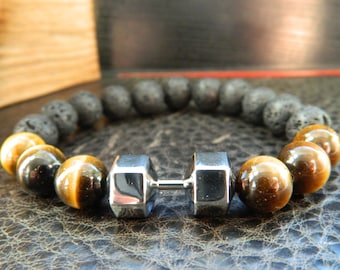 Dumbbell Bracelet.10mm Natural Black Lava Tiger's Eye beaded bracelet.Fitness.Determination.Sport.Motivation bracelet.UNISEX