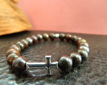 Natural Tiger Iron Cross Beaded Bracelet. Yoga.Meditation.Unisex