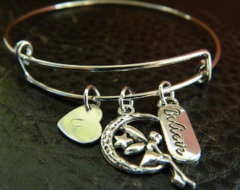 Personalized Initial I Believe In Fairy Bangle Bracelet.Adjustable.Gift