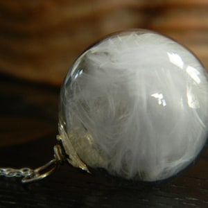 925 Sterling Silver White Feather Glass Orb Necklace. Blown Glass Bead. Orb.  Transparent Round.