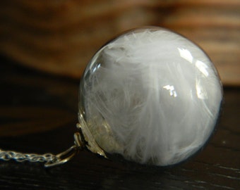 925 Sterling Silver White Feather Glass Orb Necklace. Blown Glass Bead. Orb.  Transparent Round.