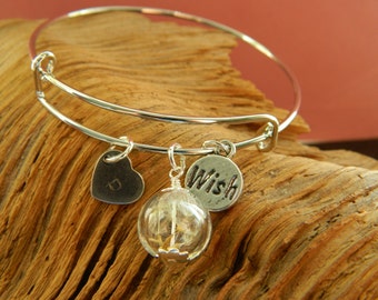 Personalized Initial Dandelion Seed Make A Wish Glass Orb Bangle.Adjustable.Gift